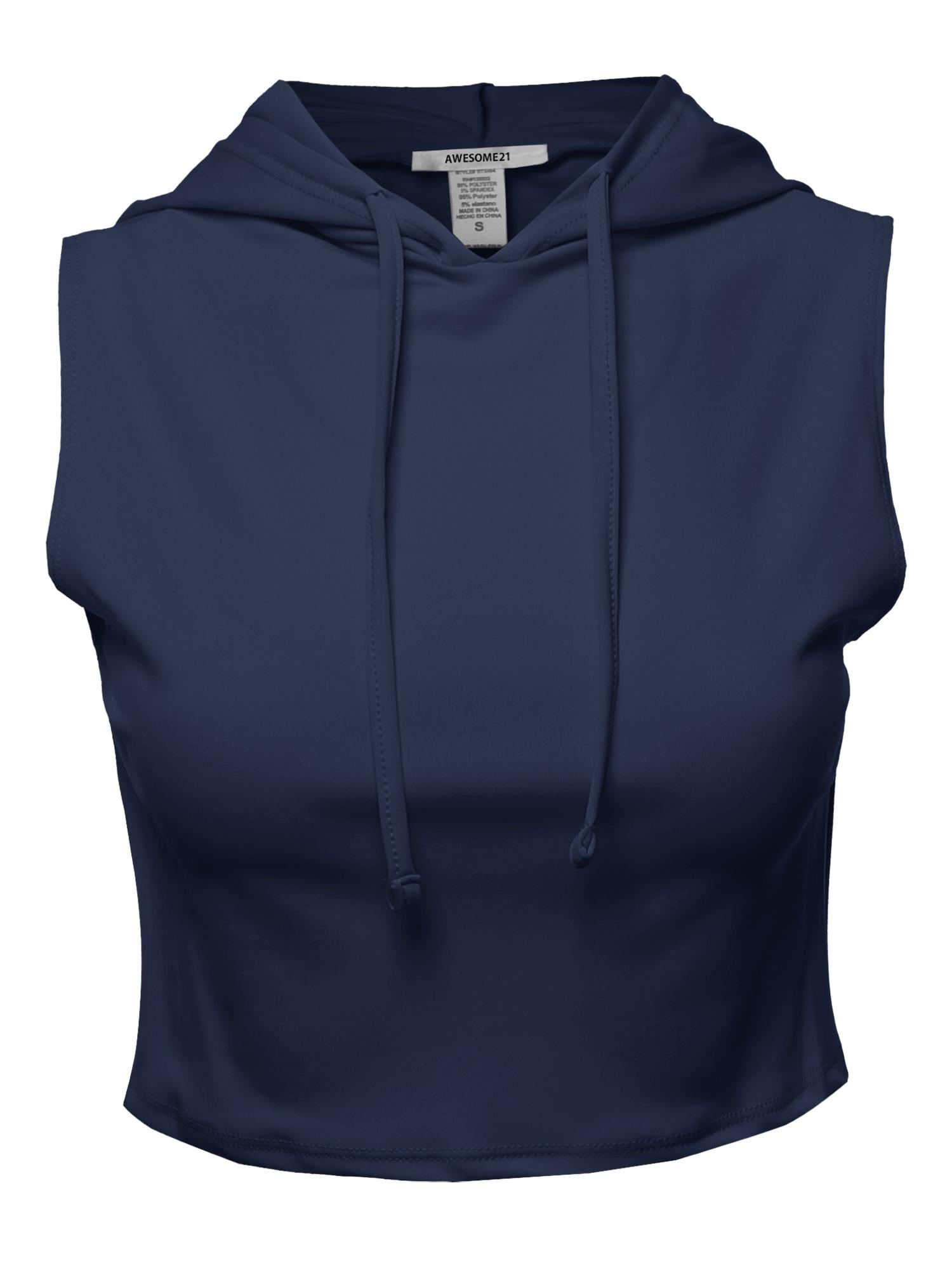 FashionOutfit Women's Solid Sleeveless Drawstring Hood Crop Top