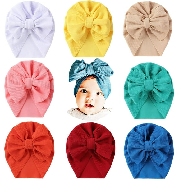 8 Pack Solid Big Knotted Hair Bow Large Bowknot Knot Beanie Turban Hats Caps Headwraps for Baby Girls Infants Toddlers Kids
