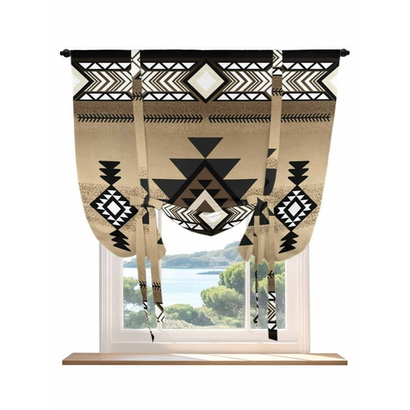 Brown Southwest Tie Up Curtains for Windows 63 Inch Length Balloon Curtains Kitchen Adjustable Balloon Window Shade Farmhouse Boho Aztec Geometric Neutral Tie Up Bathroom Curtain Window 52"x63"