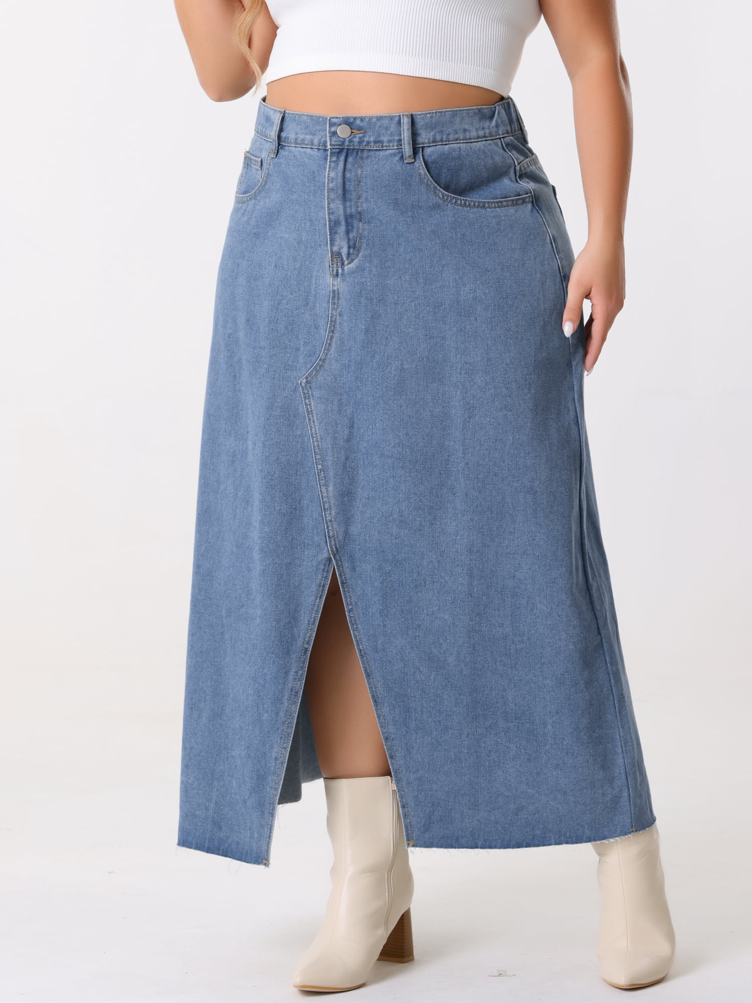 DARING DIVA Women's Plus Denim Maxi Skirt with Frayed Raw Hem 4X Blue