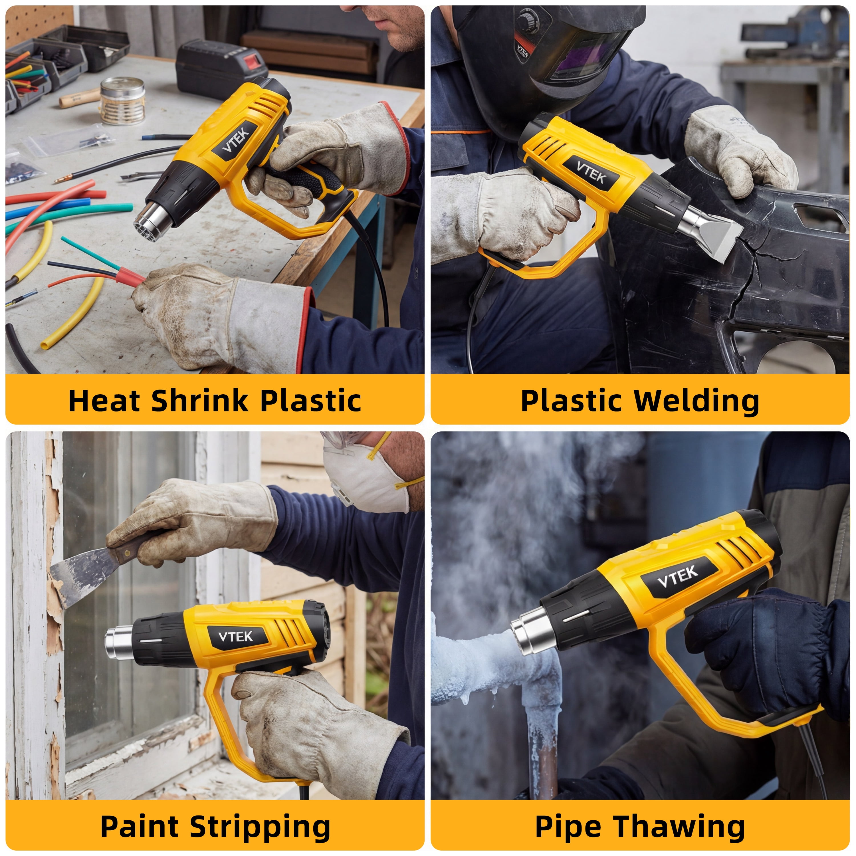 VTEK Heat Gun 1800W Hot Air Gun140℉-1202℉ Fast Heating Variable Temperature with 3 Speeds, 4 Nozzles for Shrinking PVC, Stripping Paint, Vinyl Wrap