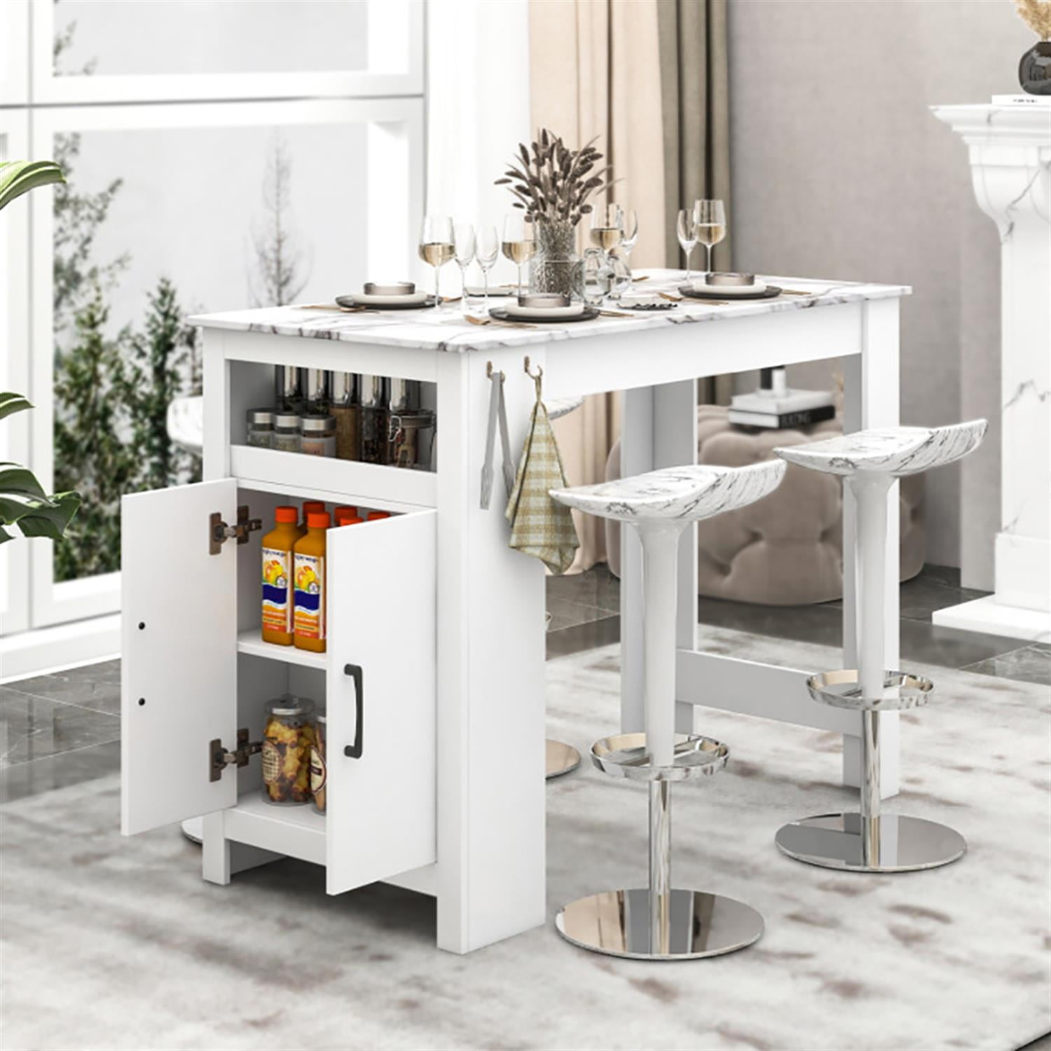 Demi Bonn 47" Faux Marble Pub Table, Modern High Top Bar Table with 7 Hanging Hooks Compartment, Perfect for Small Space, White