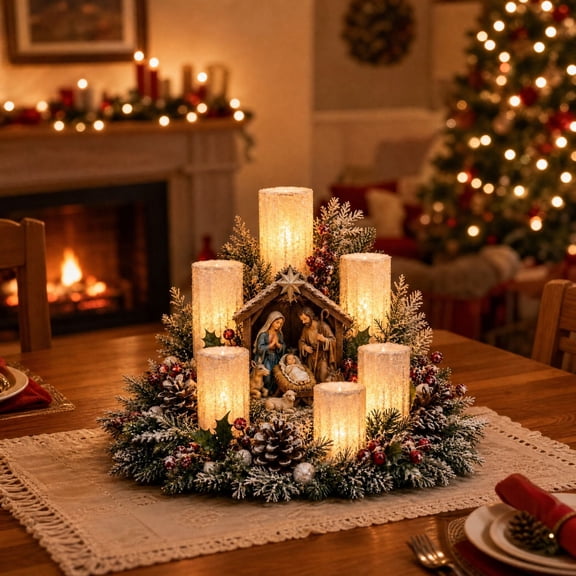 Christmas Clearance! Christmas Lighted Centerpiece with Flameless Candle Glow Tiered Candle Stand, Battery Powered LED Lights, Winter Table Centerpiece for Dining Room Mantel Entryway Decor