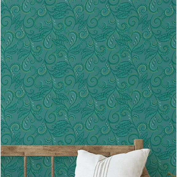 S4sassy Self-Stick Decorative Boho Wallpaper, Paisley Vine Print Walls Paper, Vinyl Waterproof Contact Paper, Green, 25"x120"inch Removable Renter Friendly Wall Covering For Bedroom, Dining room