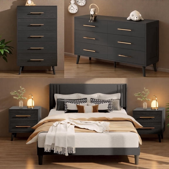 Bedroom Set - Lofka Full Bedroom Furniture Sets include Full Bed Frame, 2 Nightstands, 5-Drawer Dresser and 6-Drawer Dresser, Modern Home Furniture