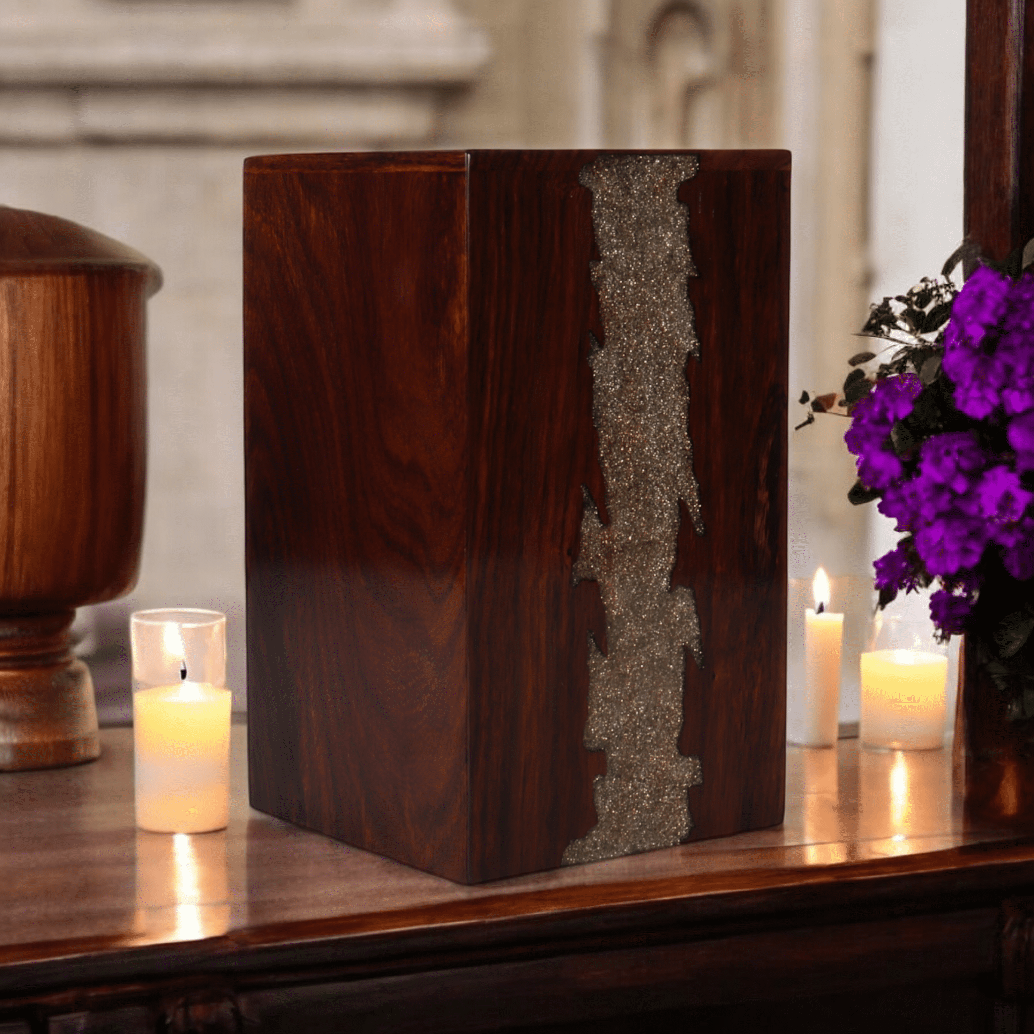 Wooden Cremation Urn for Human and Pet Ashes, Memorial Urn, Burial Urn, Keepsake Urn, Adult Urn with Epoxy Design (Medium)