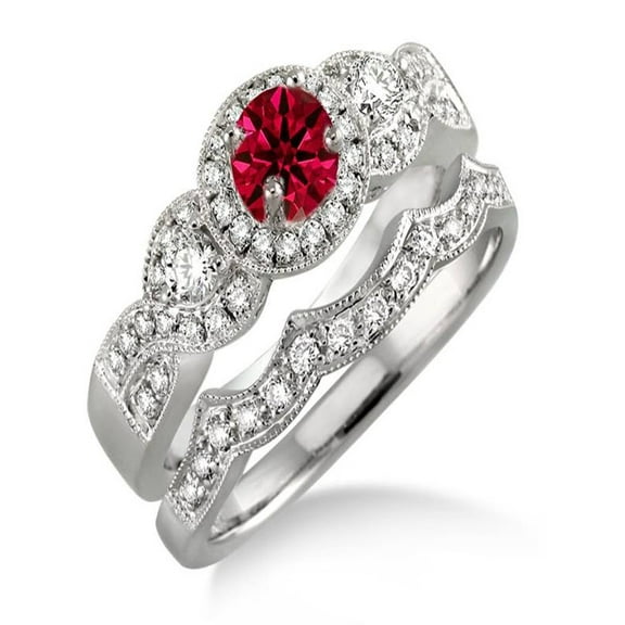 1.5 Carat Ruby & Diamond Halo Bridal Set on 10k White Gold