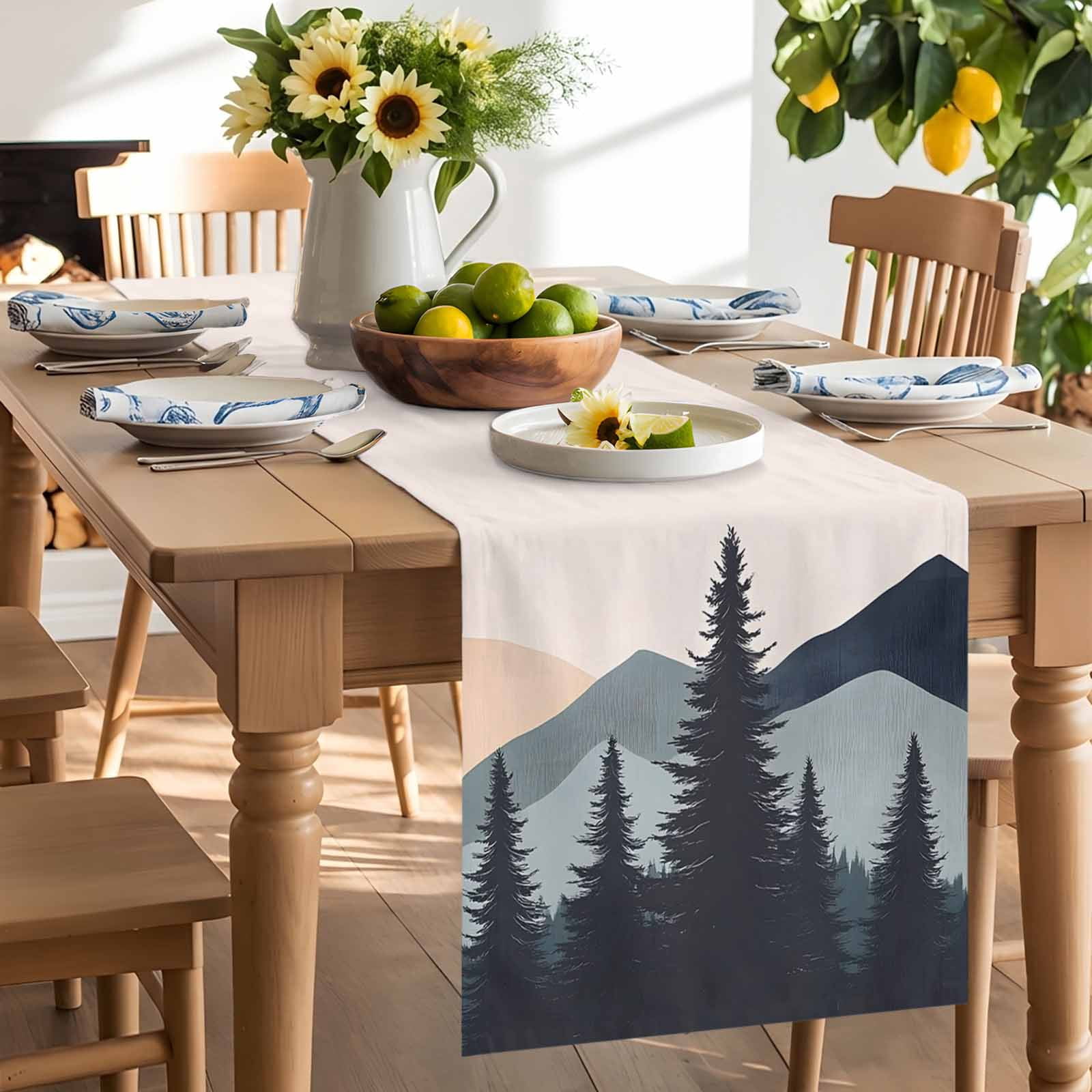 Abstract Tree Mountain Silhouette Table Runner 90 Inches Long, Modern Forest Peaks Landscape Table Runners Tabletop Scarf Kitchen Dining Tables Decoration for Home Party Indoor Outdoor