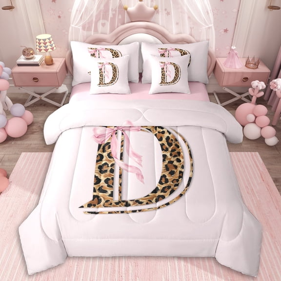 Erosebridal Letter D Monogrammed Girl Twin Bedding Sets 7-Piece,Brown Leopard Print Pink Bow Bedding Comforter Set For Teens,Pink Reversible,Breathable Home Decor
