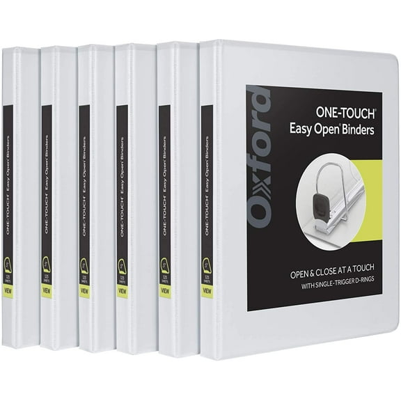 3 Ring Binders, 0.5 inch ONE-Touch Easy Open D Rings, Durable Binders for School and Office, View Binder Covers, Xtralife Hinge, Non-Stick, PVC-Free, White, Holds 125 Sheets, 6 PK (79902)