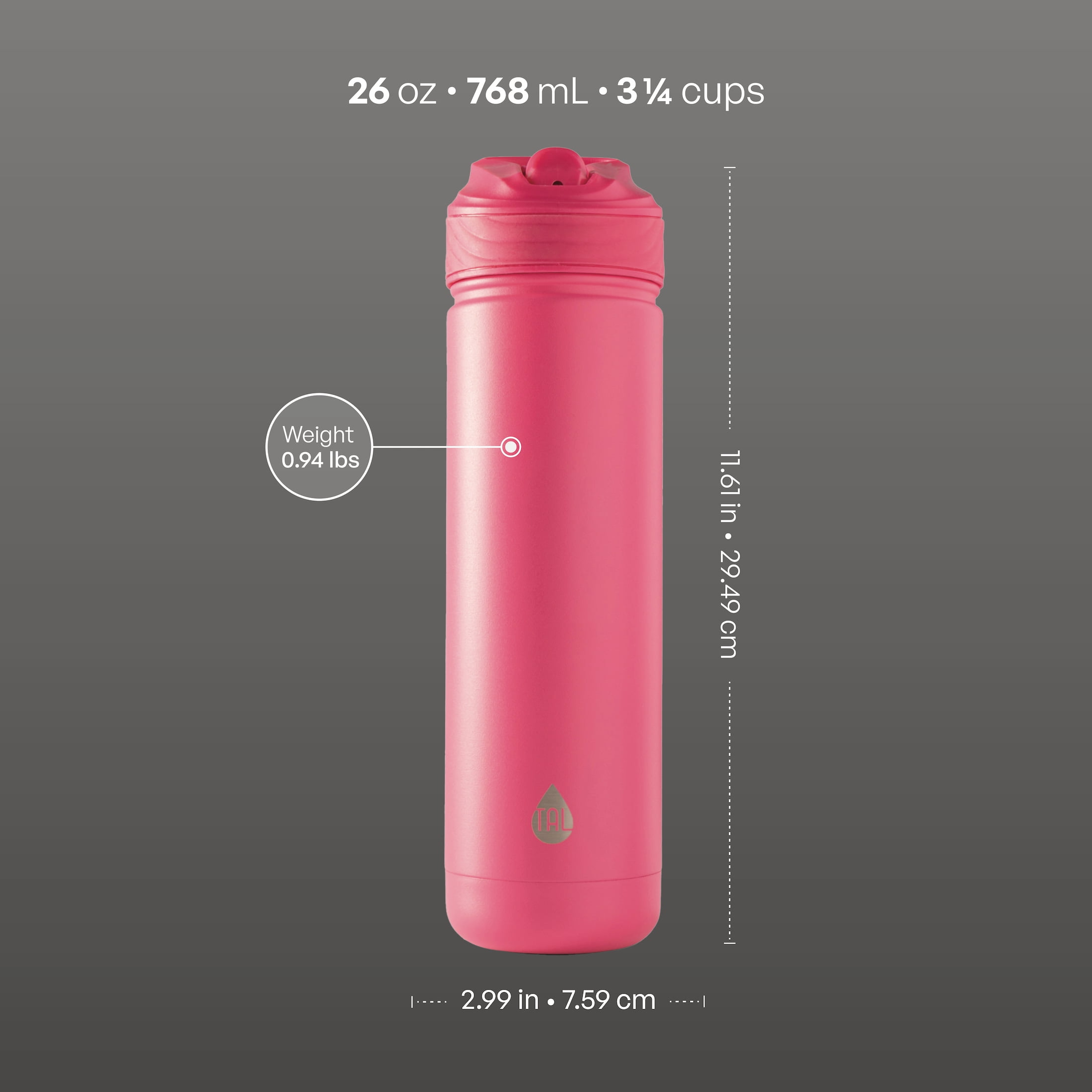 (4 pack) TAL 26oz Stainless Steel Ranger Water Bottle with Easy Sip Straw, Hot Pink