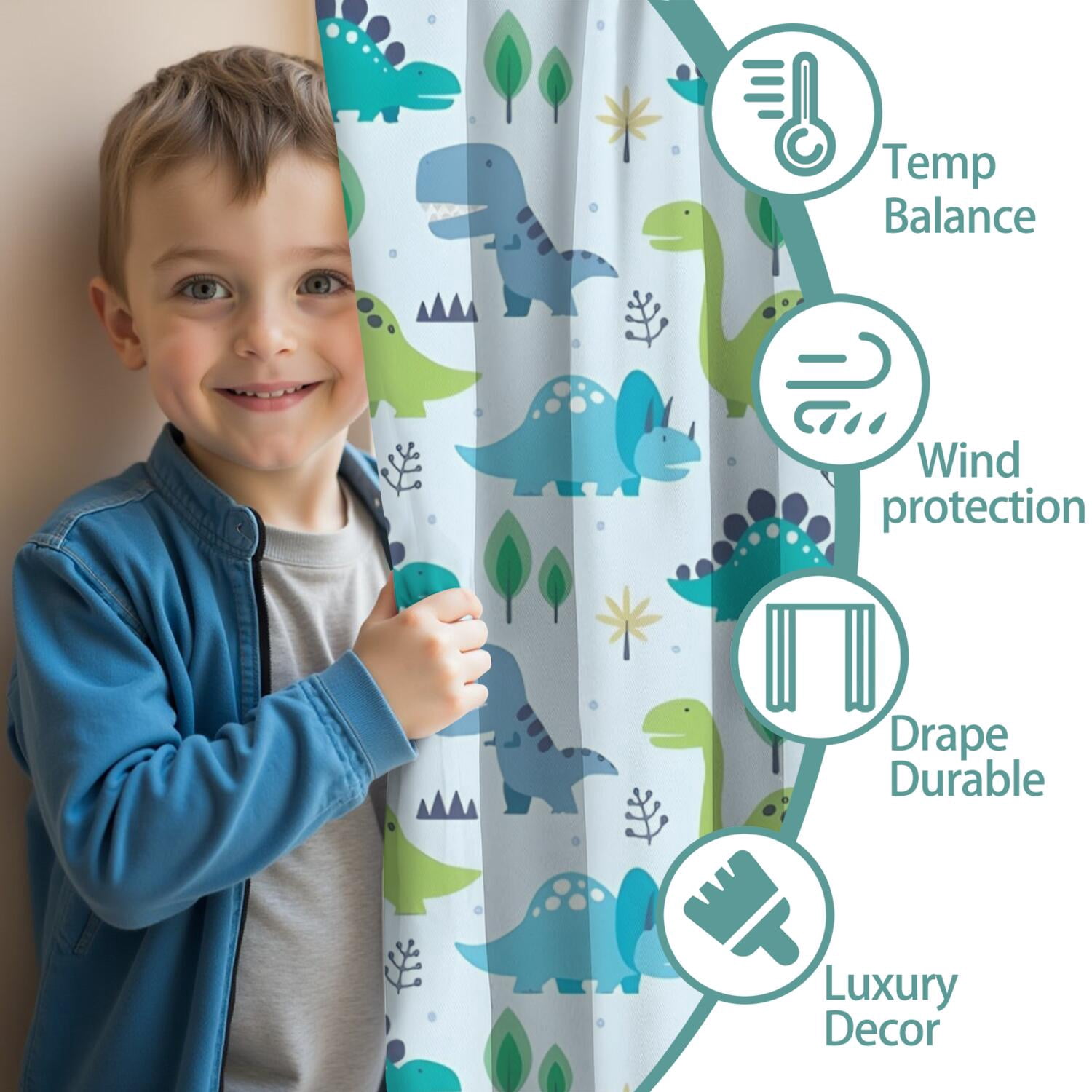 Blackout Kids Curtains,LightBlue Cartoon Dinosaurs Trees Pattern Childrens Insulated Curtains Set Of 2,Bedroom Essentials,Toddler Room Decor 42"x54"