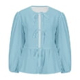 thumbnail image 6 of UTSJKR Women's Bow Tie Front Shirts 2024 Fashion Striped Print Crew Neck Blouses Trendy Y2K Peplum Ruffle Babydoll Going Out Tops Cute Puff Long Sleeve Tunic Tops Light Blue XL, 6 of 6
