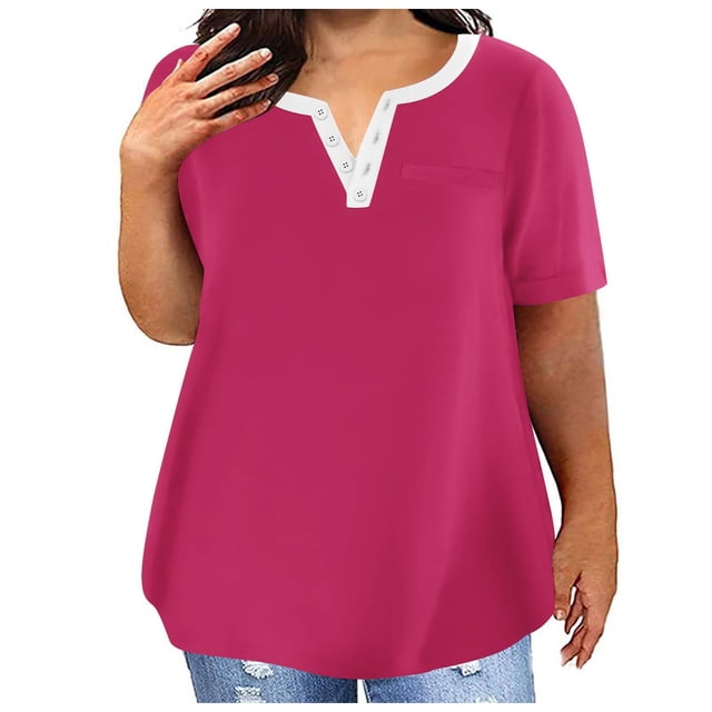 Yuyuzo Plus Size Tops for Women Notch V Neck Solid Color T Shirts Short Sleeve Basic Tees with Pocket