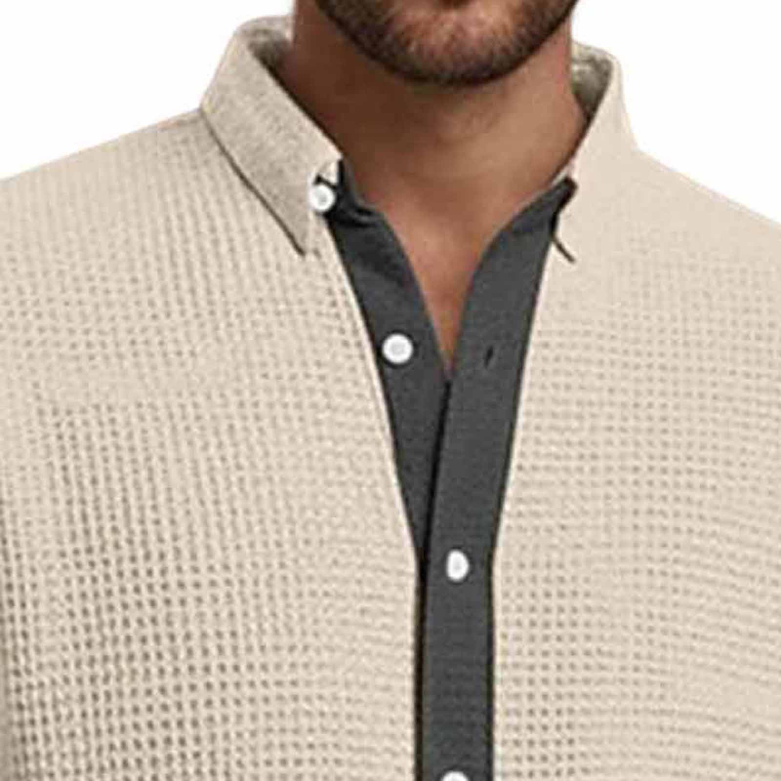 Long Sleeve Shirts for Men, Men's Button Down Waffle Textured Shirt Casual Long Sleeve Lapel Neck Wrinkle Free Untucked Shirts Fashion Clothes