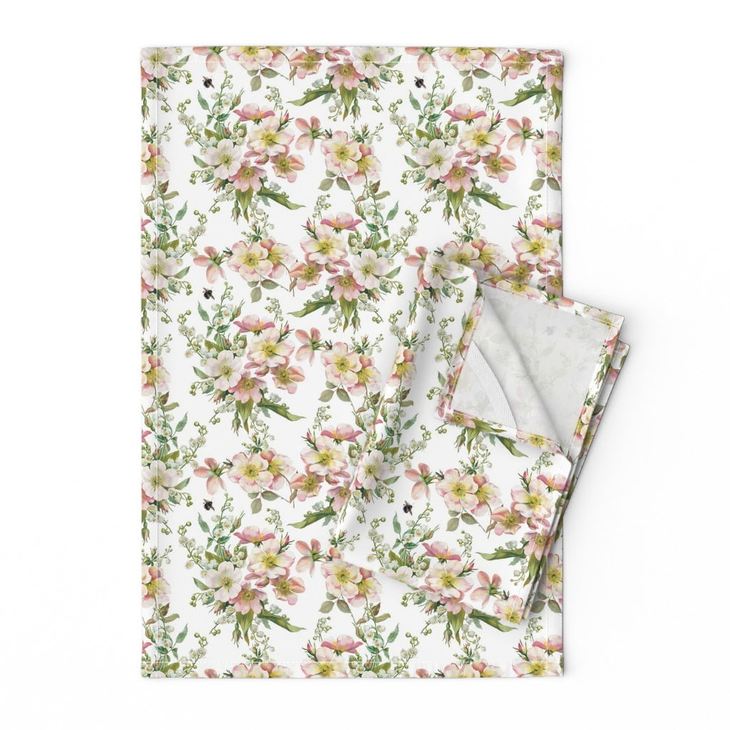 Bumble Bee Vintage Floral Flowers Linen Cotton Tea Towels by Roostery Set of 2 
