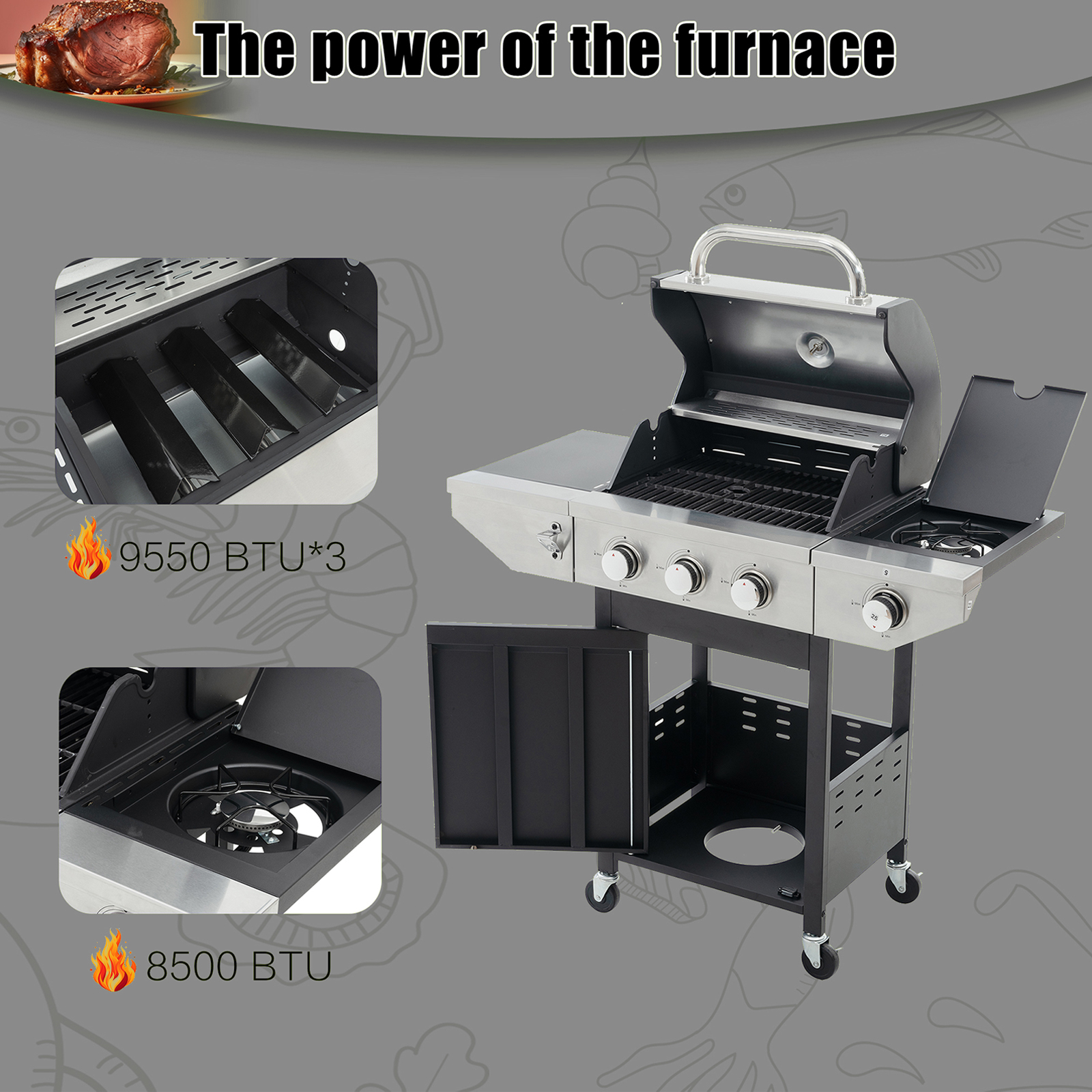 MEWANG 3 Burner Propane Gas Grill with Side Burner,Stainless Steel Gas Grill for Outdoor BBQ,Camping