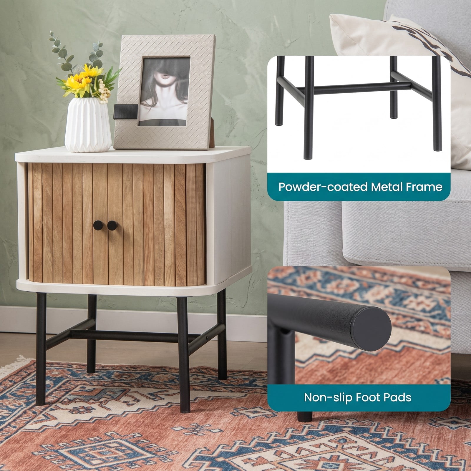 Furnibear Mid-century Modern Nightstand with Sliding Doors and Storage Cabinet, Compact Bedside Table with Metal Legs for Bedroom, White