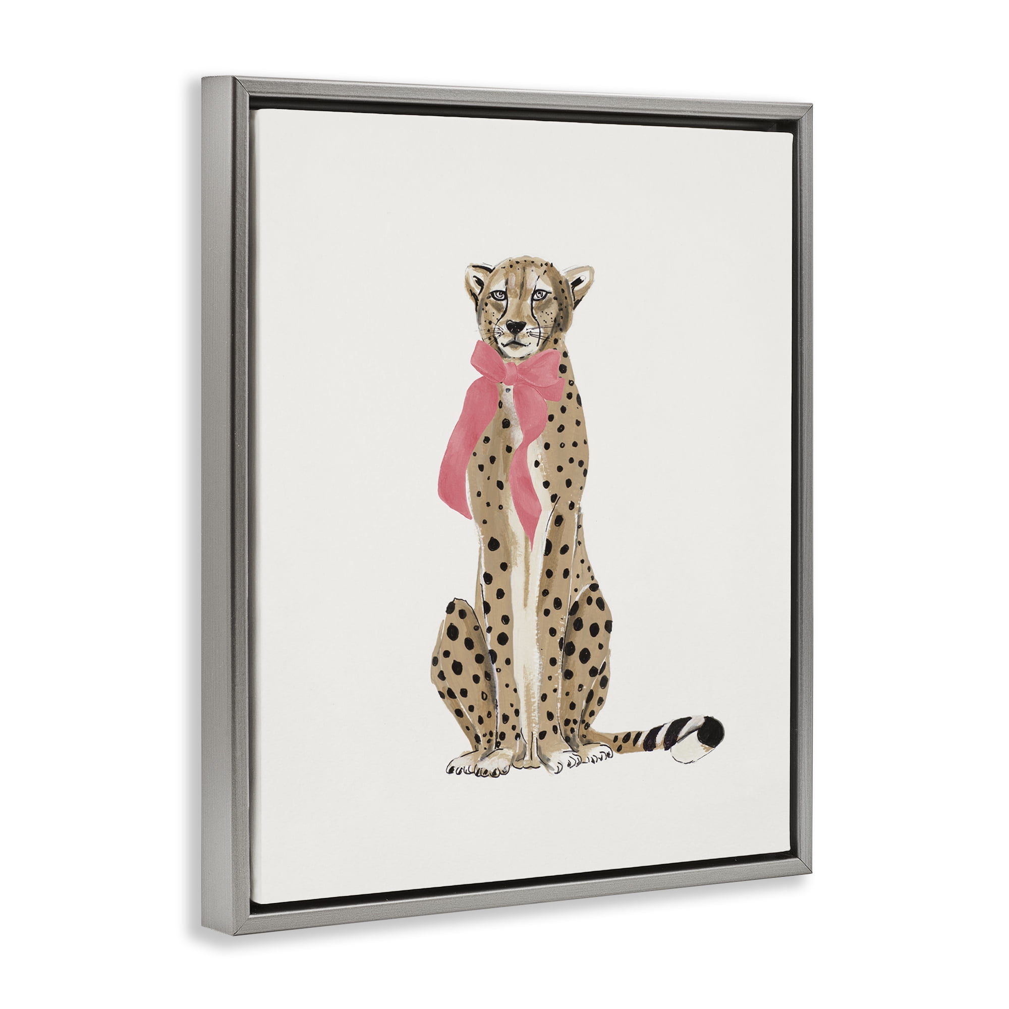 Stupell Industries Trendy Cheetah with Ribbon Animals Painting Gray Floater Framed Canvas Art Print Wall Art, 25 x 31