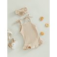 thumbnail image 4 of Infant Girls Romper Solid Color Knitted Ribbed Tie-Up Spaghetti Straps Sleeveless Ruffles Baby Bodysuits with Headband, 4 of 10