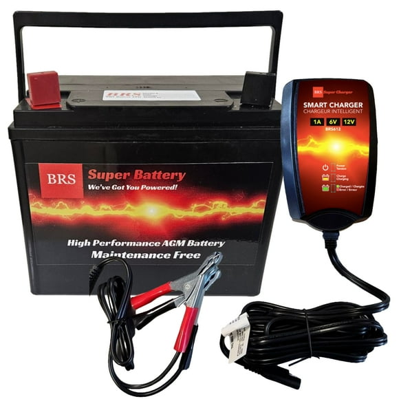 GR-U1 AGM Battery + Trickle Charger – 12V Group U1 Maintenance-Free Battery for Tractors, Lawnmowers, Side-by-Sides – 300 CCA, Shock & Vibration Resistant - BRS Super Battery