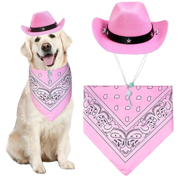 Accesorios para fiestas de invierno: sombrero de vaquero occidental ajustable para perros, bufanda triangular y vestido rosa para mascotas.