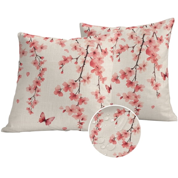 Cherry Blossoms Outdoor Pillow Covers 16x16 Set of 2,Waterproof Patio Throw Pillowcase Protectors,Spring Pastoral Botanical Flowers Decorative Pillow Shams Cushion Covers for Seat Bed Couch Sofa