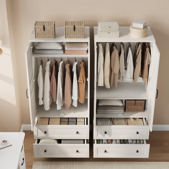 Space-Saving Rustic White Wooden Wardrobe Closet – 72" Tall Bedroom Storage Cabinet with 2 Drawers, Doors, Hanging Rod, 18 Adjustable Shelves, Organizer for Bedroom and Living Room, White (AB box)