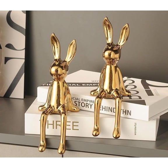 Sitting Gold Bunny for Shelf,Brass Sitting Bunny, Ceramic Electroplate Rabbit Figurine, Easter Rabbit Sculpture, Collectible Bunny Statue for Living Room, Office Desktop, (2Pcs) (Gold)