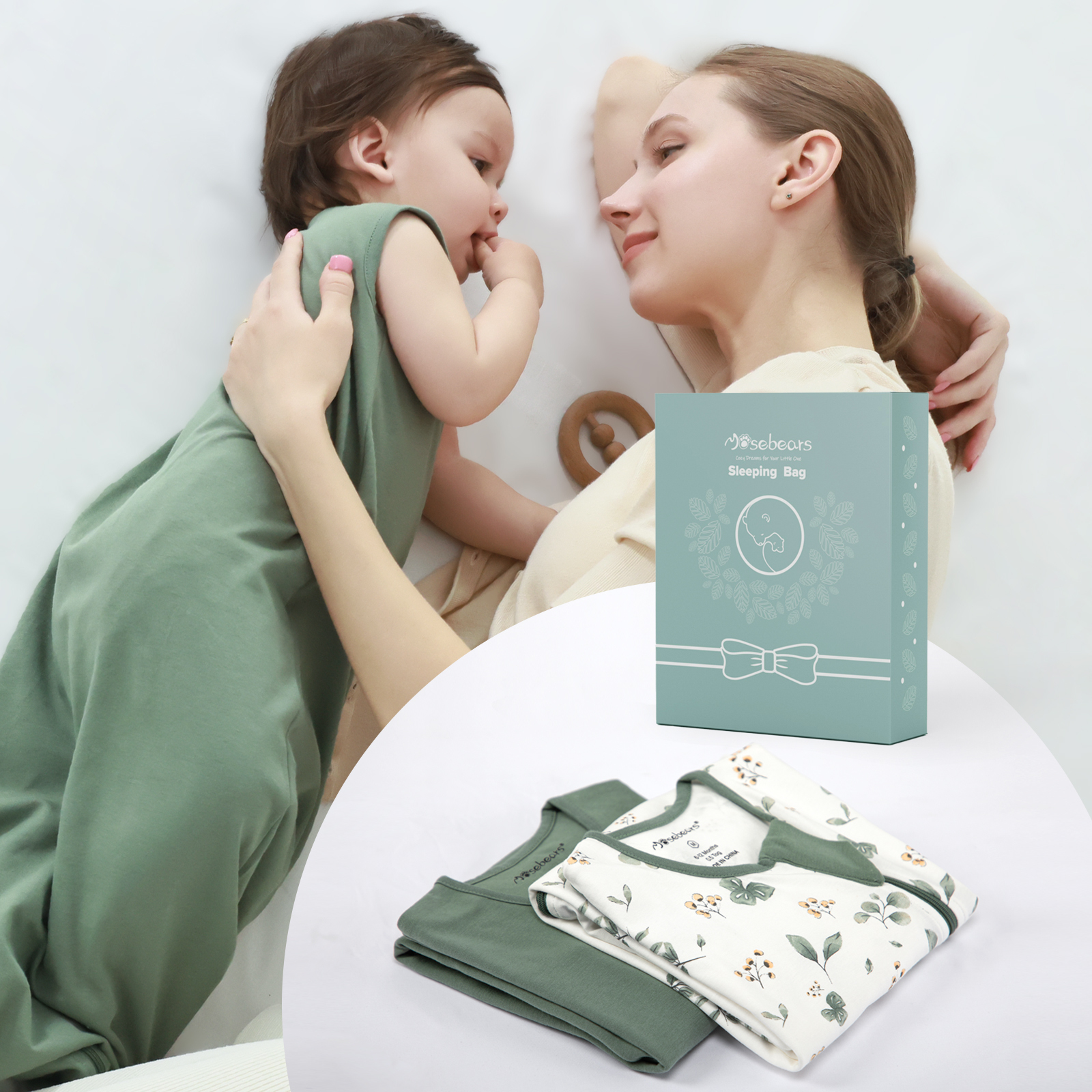2Pcs Mosebears 0.5 Tog Baby Sleeping Bag - Cotton Summer Sleep Sack for Newborns, Boys & Girls(DarkGreen#Plant,S(0-6 Months))