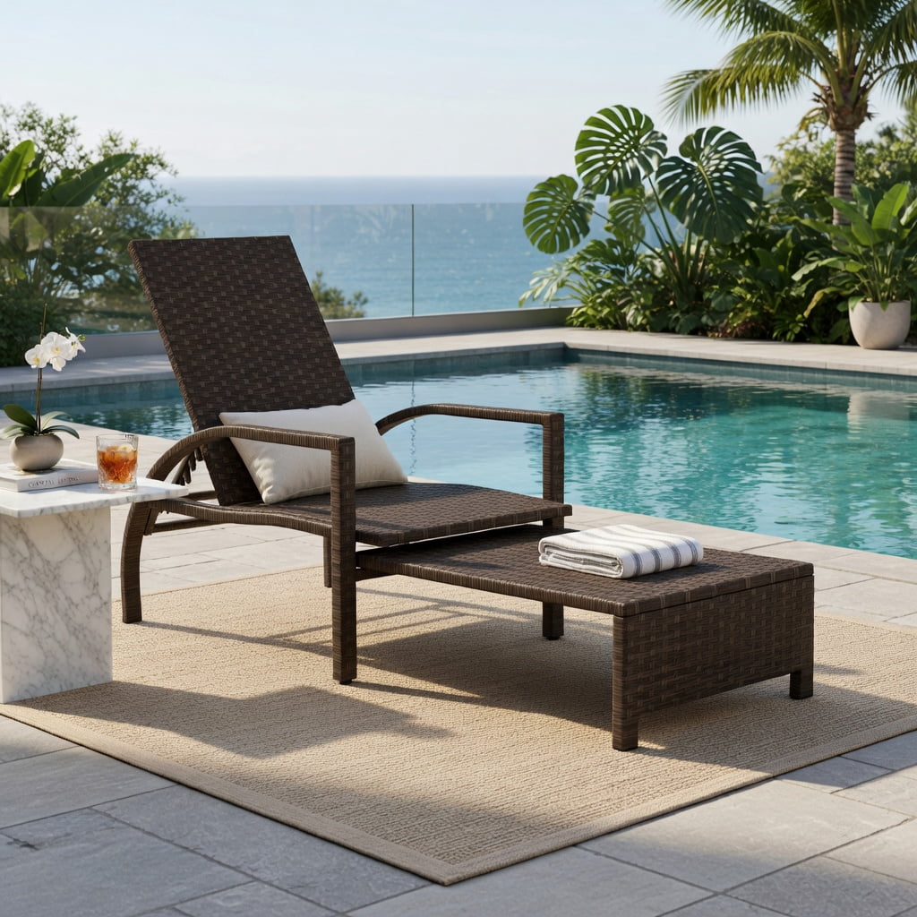 Hommoo Outdoor Wicker Chaise Lounge Chair with Retractable Ottoman, Adjustable 6-Position Backrest, PE Rattan & Steel Frame, Patio Lounger for Backyard, Poolside & Porch, Brown