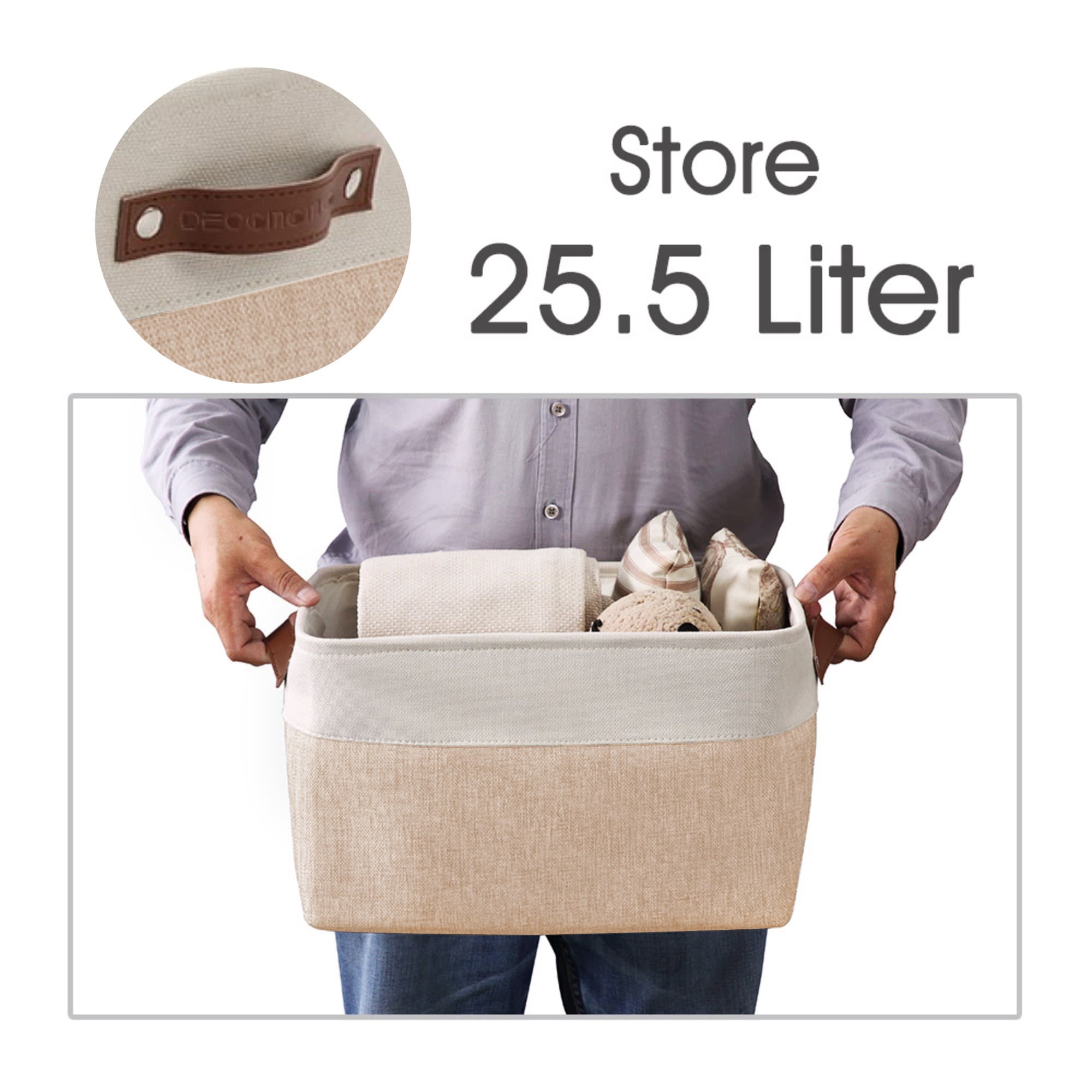 DECOMOMO Durable Large Storage Baskets, Fabric Storage Bins with Faux Leather Handles (Beige and White, Set of 3)