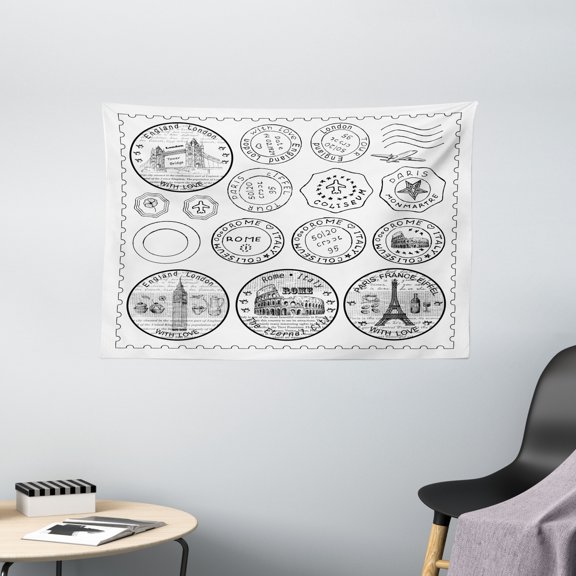 Travel Tapestry, Stamps from All Over the World Historical Landmarks Tourist Attraction European, Wall Hanging for Bedroom Living Room Dorm Decor, 60W X 40L Inches, Black White, by Ambesonne