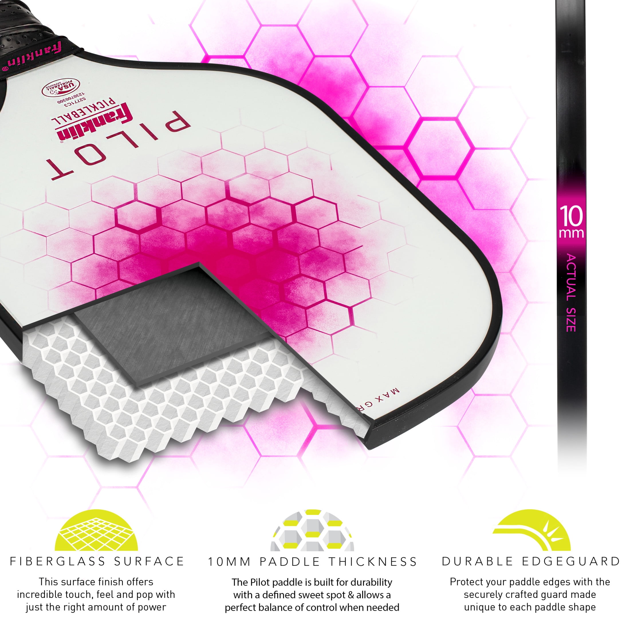 Franklin Sports Pickleball Paddle - Pilot Polypropylene Core Pickleball Racket - Official USA Pickleball (USAPA) Approved Pickleball Paddle - Lightweight Pro Racket - Pink - 10mm Thick Core