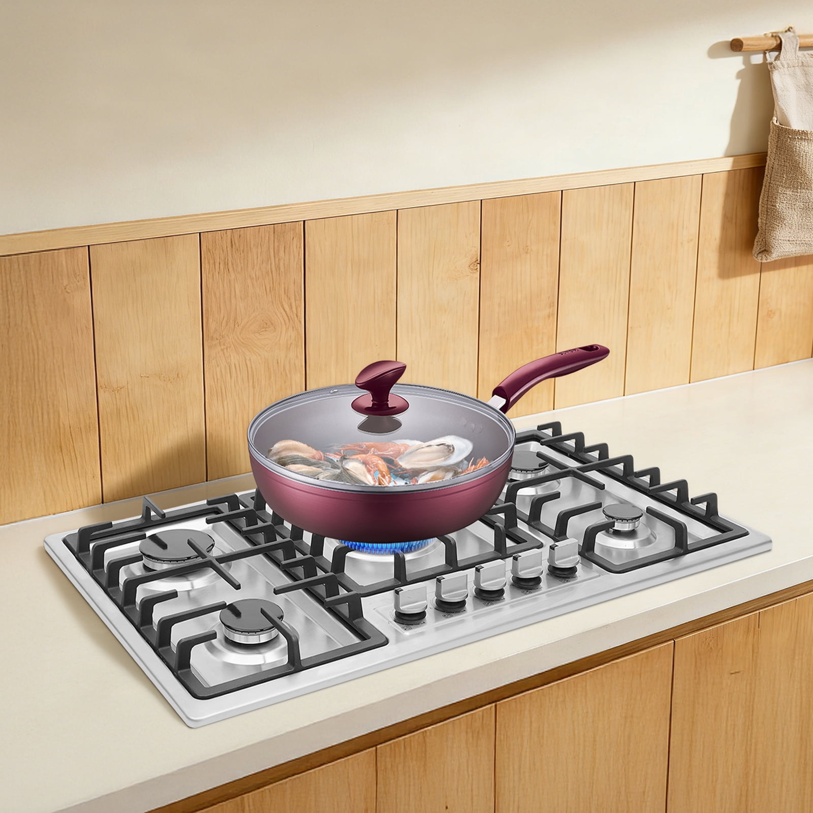1 PCS 5 Burner Gas Stove, 5-Burner Gas Cooktop, Stainless Steel Gas Stove, used in home kitchens or commercial kitchens such as restaurants and hotels