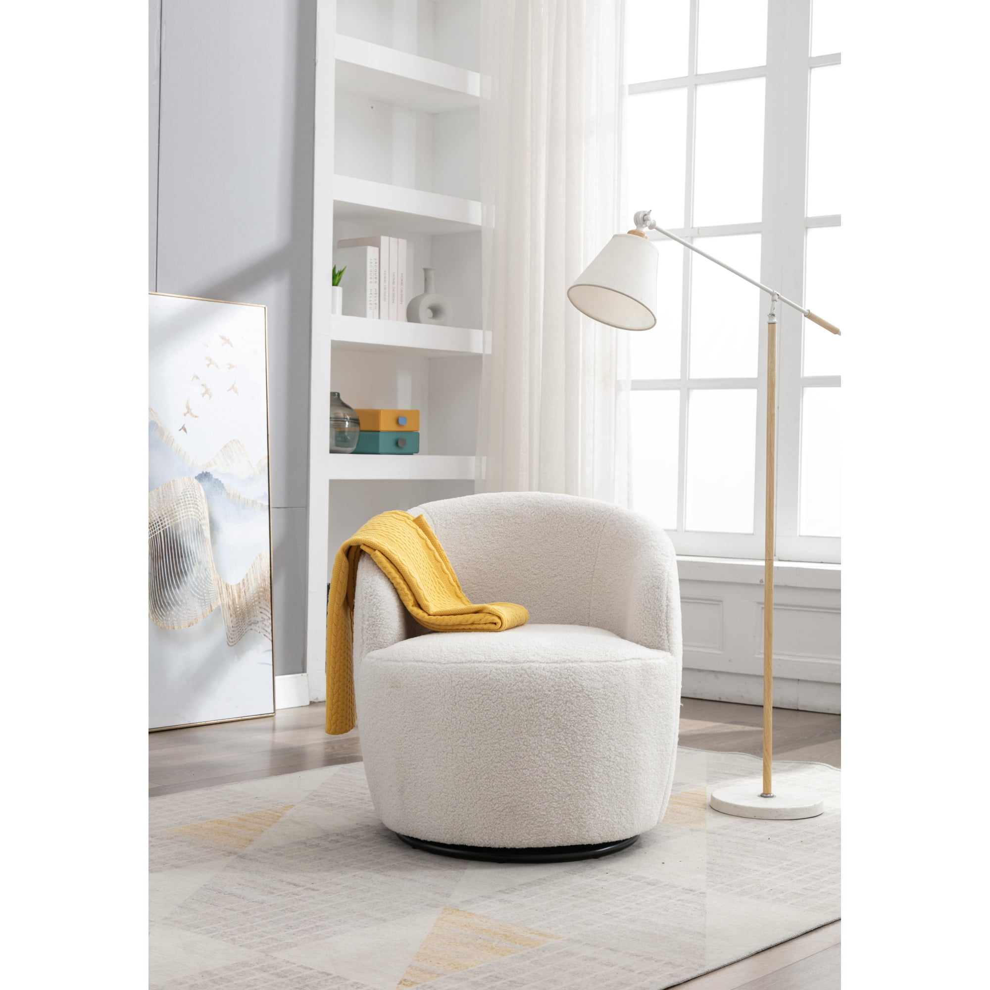 Leumius Teddy Fabric Swivel Accent Armchair Barrel Chair With Black Powder Coating Metal Ring for Bedroom Sunroom Reading Nook Ivory White