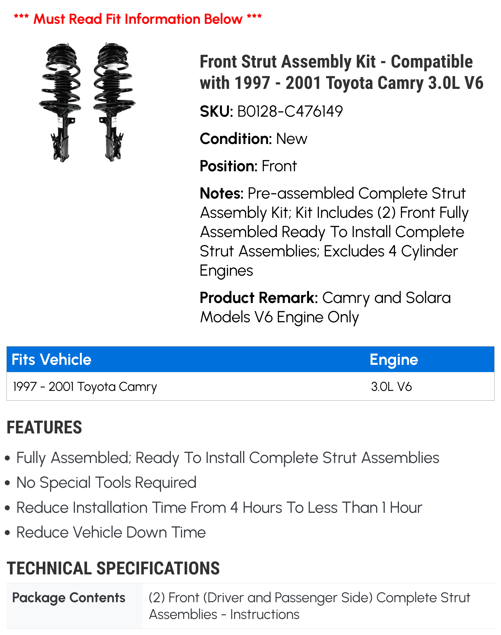 Front Strut Assembly Kit - Compatible with 1997 - 2001 Toyota Camry 3.0L V6 1998 1999 2000