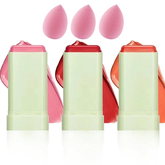 3 colores rubor en barra crema multiusos rubor impermeabilizante barra de maquillaje altamente pigmentada crema de maquillaje hidratante conjunto con esponja licuadora