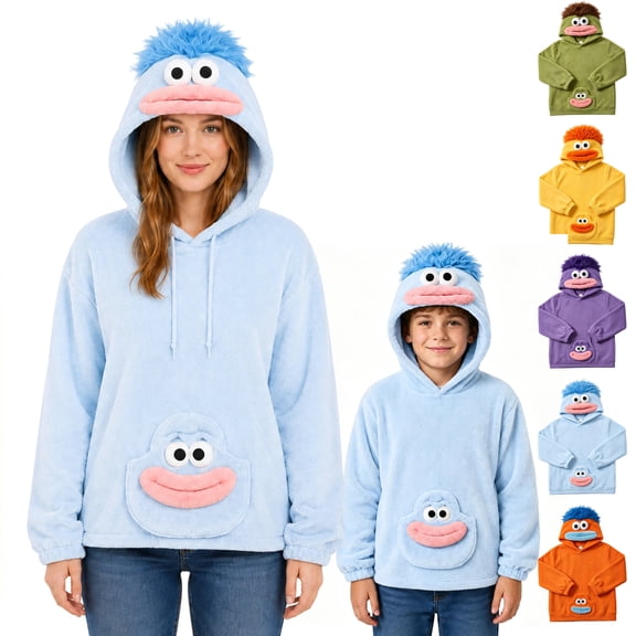 Unisex Big Mouth Monster Hoodie Funny Plush Oversized Pajama Loungewear Fuzzy Holiday Hoodie Sweatshirt Light Blue