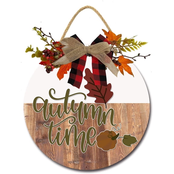 Eveokoki 11" Autumn Time Wooden Door Sign, Welcome Front Door Plaque Hanger Home Decoration for Farmhouse Office Coffee Shop,Hanging Sign Board with Hanging String for Home Decor
