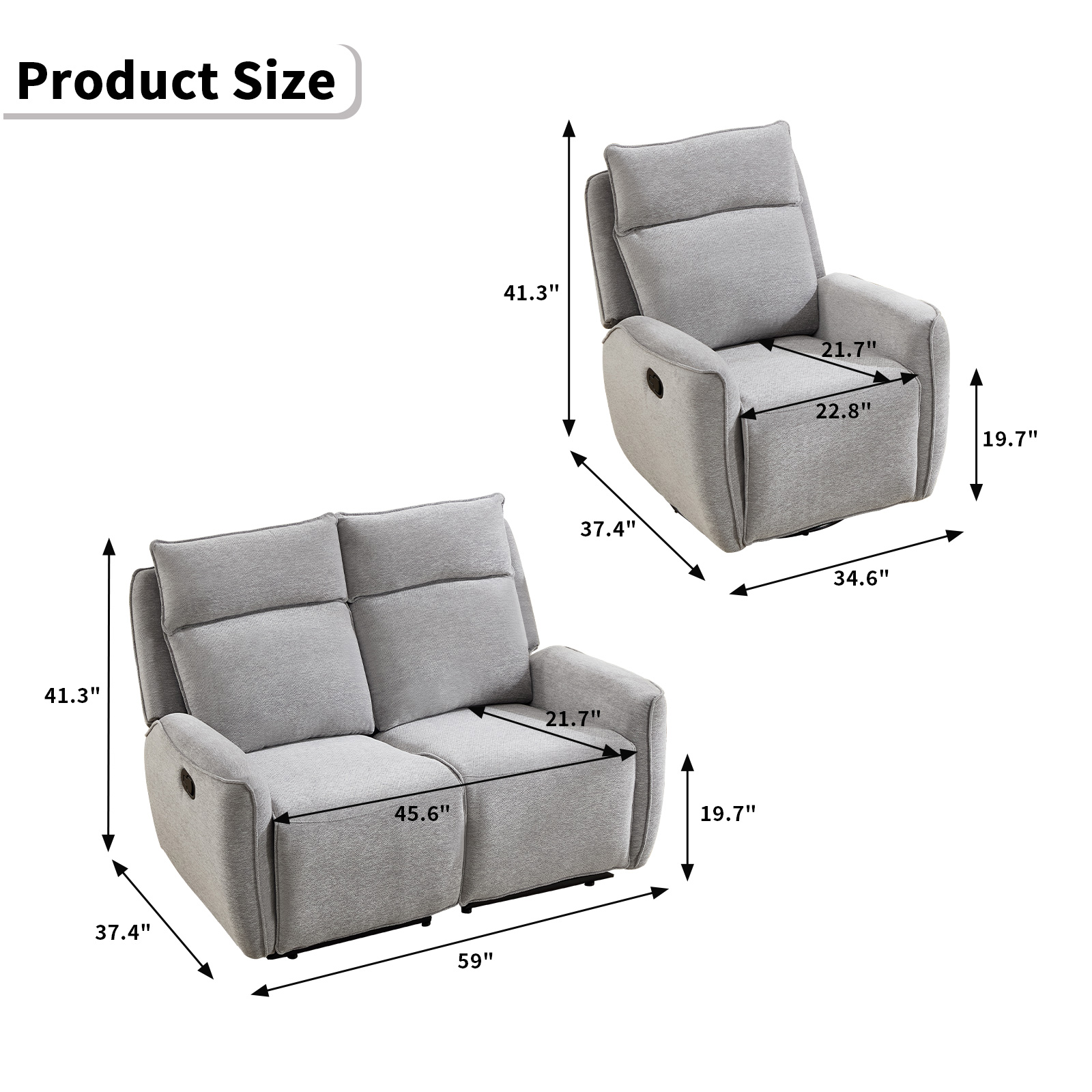 Bonzy Home Fabric Manual Recliner Sofa Set — Single Recliner & Loveseat with Center Console, Hidden Storage & Cup Holders