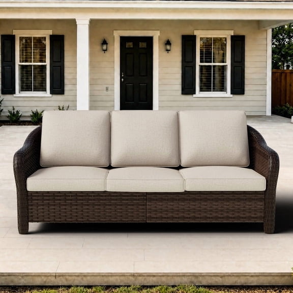 Gardenbee 3-seat Outdoor Wicker Patio Sofa Rattan Couch with Thick Cushions All-Weather Metal Frame Furniture for Porch,Yard,Balcony,Beige