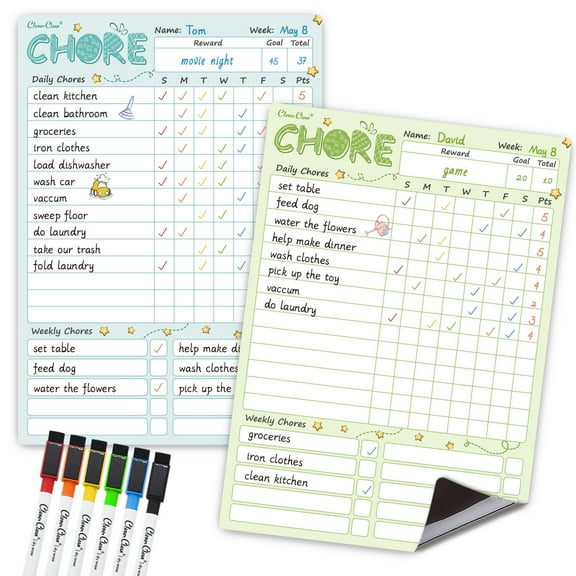 Clever Clean Magnetic Dry Erase Chore Chart Board Kit with 6 Extra Fine Point Markers, 2 Count Blue & Green)