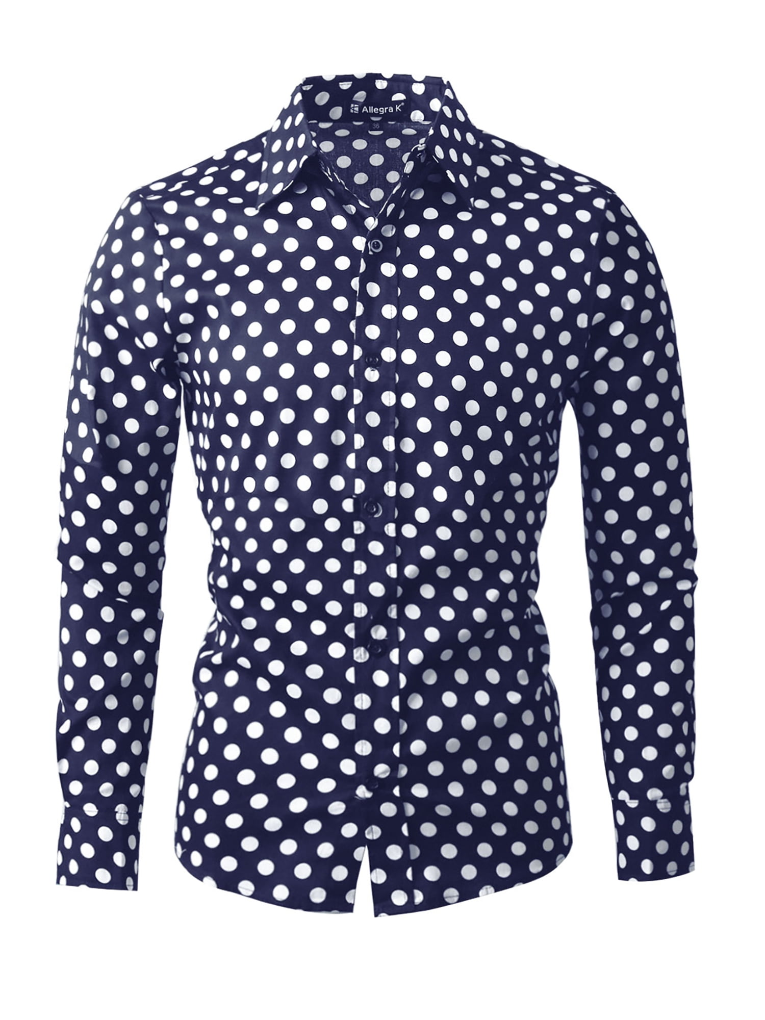 navy blue dress shirt with white polka dots