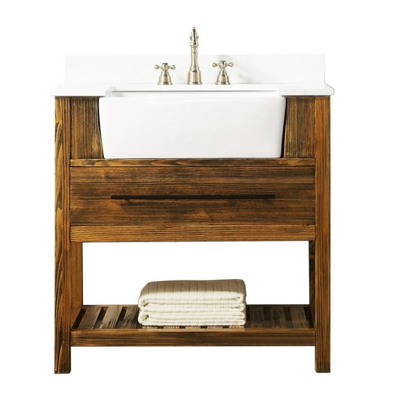 KDJ HOME Pre-Assembled Bathroom Vanity Set with White Quartz Countertop & 1 Back Splash, Ceramic Farmer Sink Natural Brown
