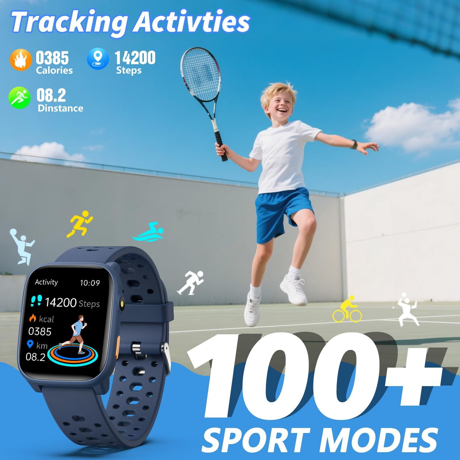 Kids Smart Watch 1.85" Upgrade - Fitness Tracker with Heart Rate Sleep Monitor Pedometer, 100+ Sports Modes, 12 Puzzle Games, Activity Tracker for Boys Girls Teens Aged 6-15 Outdoor Fun (Blue)