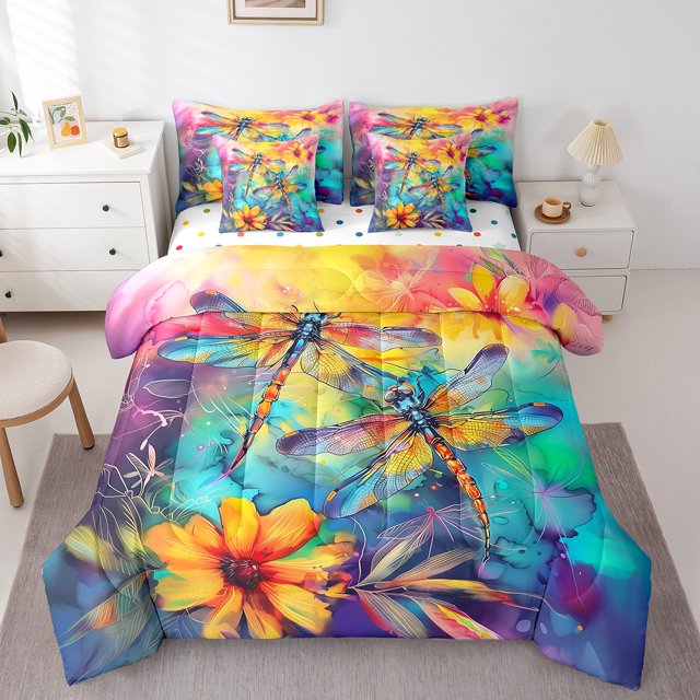 Erosebridal Ensembles de Literie Bohémiens à Fleurs Format Grand, Ensembles de Douillette Libellule Rétro avec Draps, Décor Mandala Hippie, Réversible