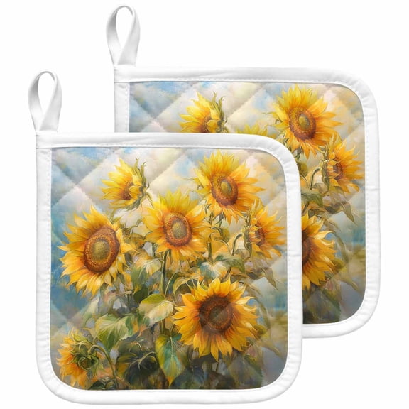 Sunflower Pot Holders for Kitchen Heatproof Potholder, 2 Pack Botanical Summer Floral Watercolor Hot Pads Multipurpose Oven Pads Cloth Potholders Trivet for Cooking and Baking