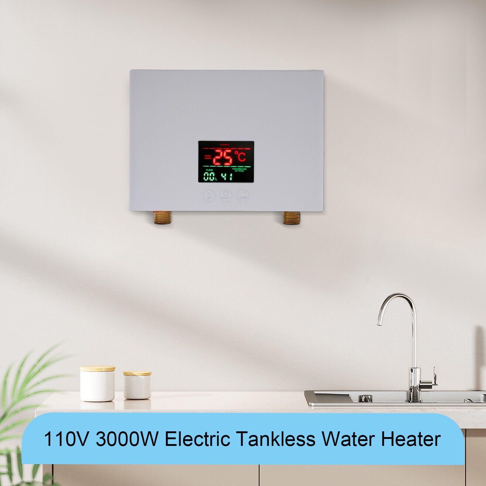 TFCFL 110V 3000W Kitchen Electric Hot Tankless Water Heater Shower Instant Boiler Bathroom 68-126°F