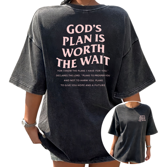 UNISHE Womens T-Shirt Gods Plan Is Worth The Wait Print Vintage Washed Black Casual Crew S-2XL Tops